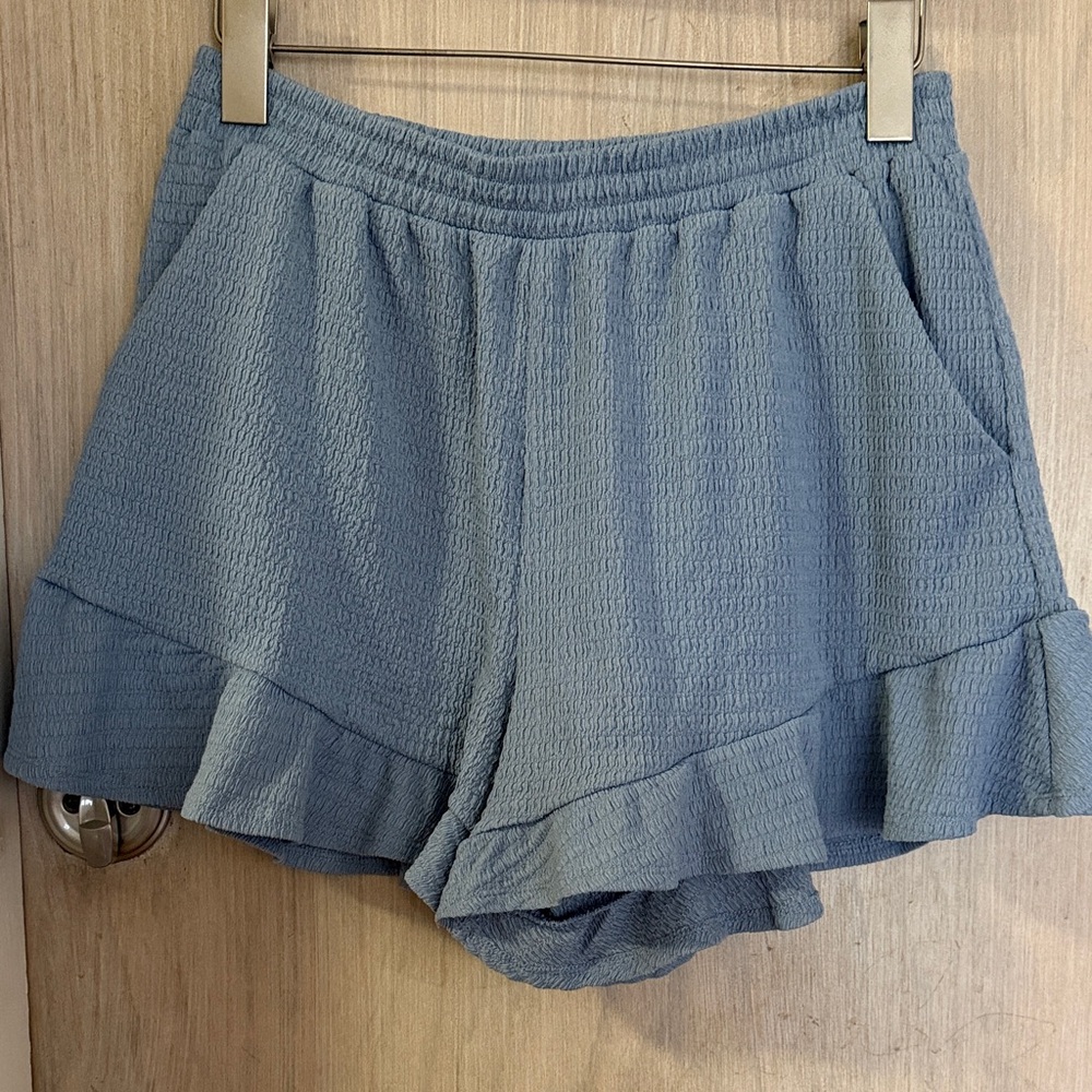 Women's Blue Ruffle Hem Shorts